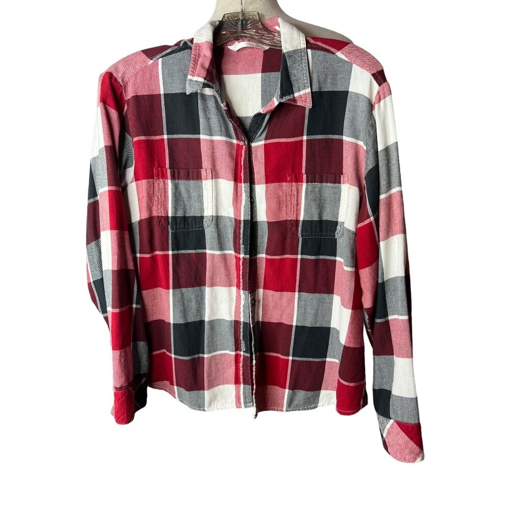 Rider by Lee flannel Top XL Red Gray Plaid Long Sleeve Button Up Pockets  Flaw